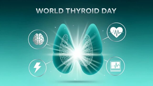Animated sequence celebrating world thyroid day with health icons and glowing gland visualization