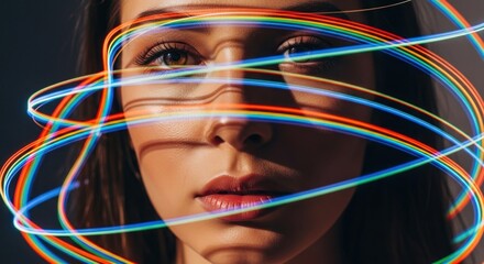 Woman's face obscured by colorful light trails on dark background, portrait view