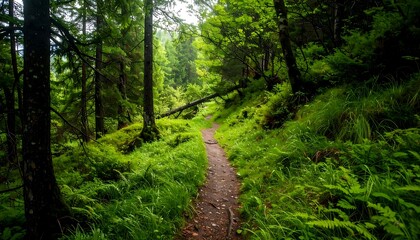 Lush forest path winding through verdant undergrowth