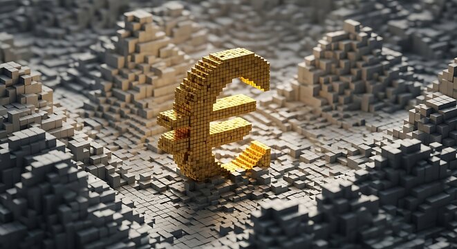 Euro symbol in voxel art a digital representation of the currency, symbolizing finance, economy, and the interconnectedness of the global market