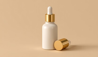 Cream-colored dropper bottle with gold cap on a beige background