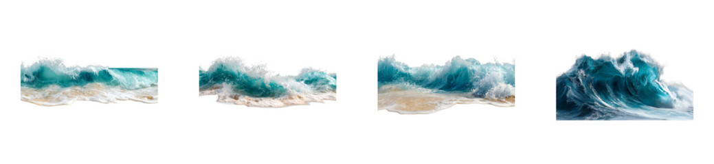 Fototapeta premium Four dynamic ocean wave images with transparent backgrounds, cut out