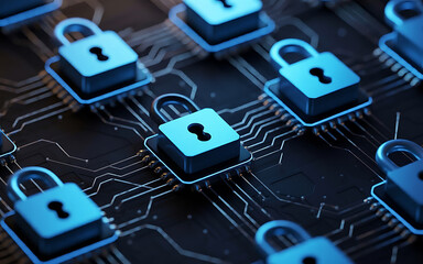 Digital security network with interconnected padlocks on a circuit board.
