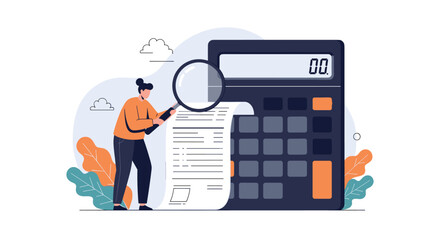 Analyzing financial documents with a magnifying glass next to a calculator illustration