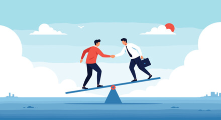 Obraz premium Businessmen balancing act success achieving partnership through teamwork and trust on a see saw