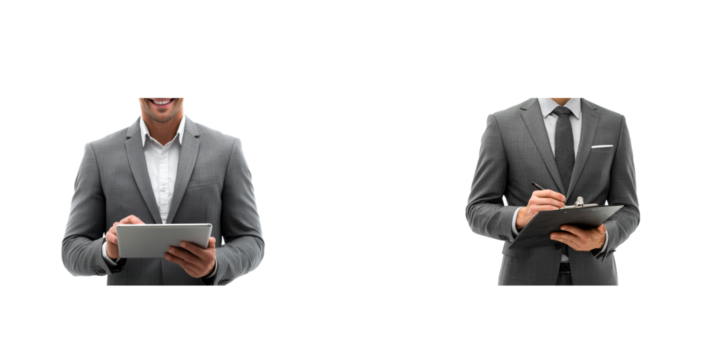 Professional man in suit with tablet and clipboard on transparent background, cut out