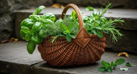 Woven basket overflowing with fresh herbs on stone steps in soft daylight