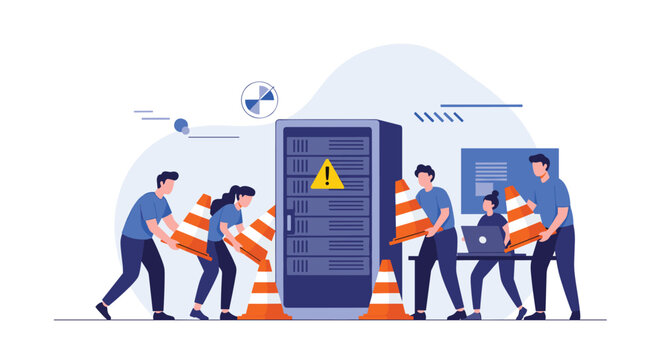 Server maintenance technicians installing safety cones around a data center during emergency repair work