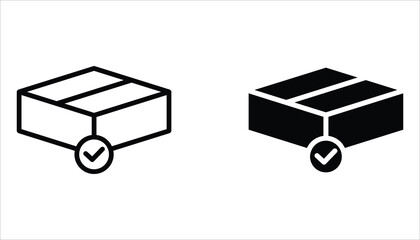 Package delivered confirmation icon set. Package with checkmark, linear icon. Verified or successfully delivered parcel. Isolated on white background.