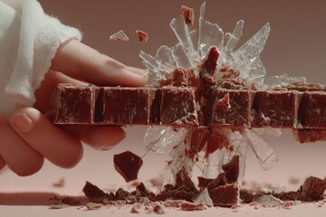 Conceptual visual of risk and temptation with hand breaking chocolate bar and glass shards flying, symbolizing danger in indulgence or food safety concerns