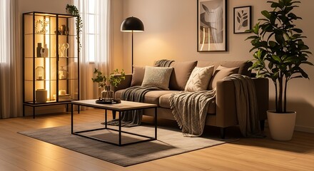 Cozy living room with brown sofa, stylish coffee table, illuminated display cabinet, and lush plant, creating a warm and inviting atmosphere for relaxation