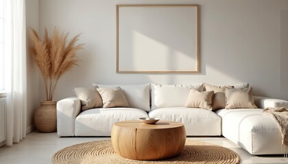 Minimalist boho living room features white sectional sofa, natural jute rug, and round wooden coffee table. Pampas grass in wicker vase. Empty frame on wall. Cozy, modern home interior design.