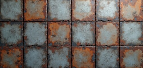 Rustic grey, rust tile pattern featuring aged, textured surfaces with vintage geometric design. Ideal for interior, exterior decor, ceramic tiles offer unique, stylish look. Material hard-wearing,