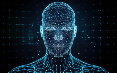 Futuristic digital human face with glowing blue network lines, representing AI and technology.