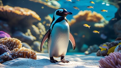 A majestic penguin standing proudly amidst a vibrant underwater coral reef and tropical fish