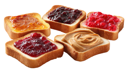 Set of toast bread slices and sandwiches with various jams on transparent background