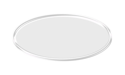Elegant 3D render of a blank, circular glass plate or pedestal with a transparent, glossy surface, isolated on a white background
