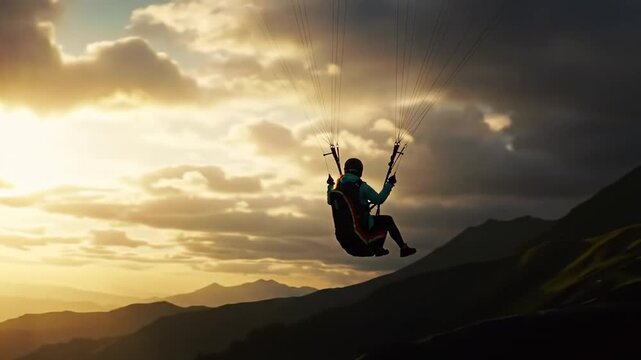 Person paragliding against dramatic sunset sky above mountain range