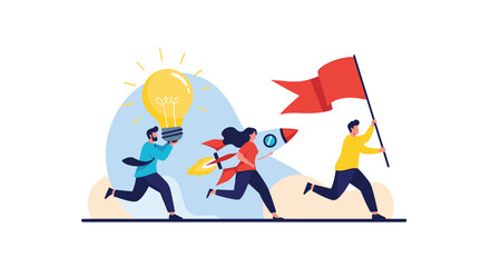 Teamwork and innovation driving success with a bright idea and rocket launch to victory