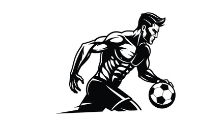A muscular soccer player dribbles the ball with determination, isolated on white background, showcasing strength and skill in a dynamic black and white design