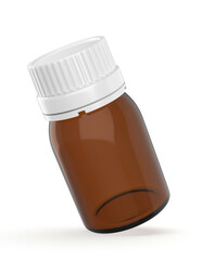 Blank 3D render of a blank medical bottle with a screw cap placed beside a plain rectangular box. The pharmaceutical packaging mockup features a clean, 3d illustration.