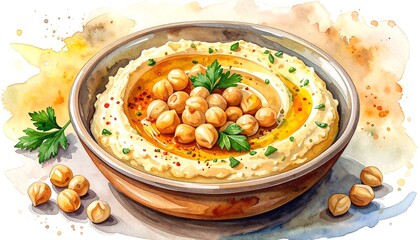 Watercolor hummus in a bowl