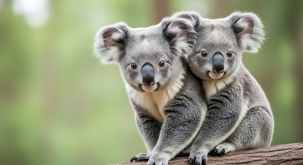 Fototapeta premium Two Koalas cuddling in forest.