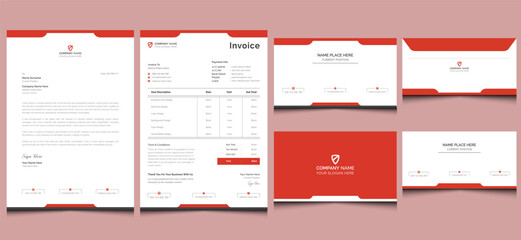 Editable elegant clean red office digital style minimal creative modern corporate company business branding identity stationery letterhead invoice business card envelope template design.