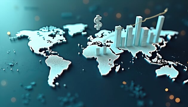 Global financial growth concept. 3D rendering of world map with rising bar charts, dollar sign. Represents economic development, investment trends, international markets. Digital data visualization.