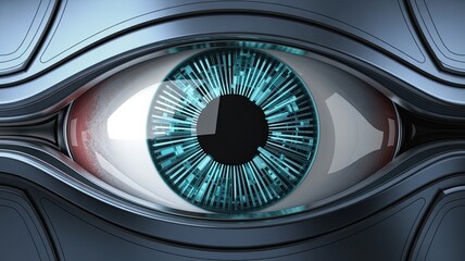 Closeup of a futuristic robotic eye with a glowing blue digital iris, representing artificial intelligence and surveillance technology