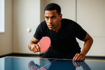 Focused man playing table tennis indoors with paddle ready to strike, white ball in mid-air, natural light and minimal background setting. Ai generative