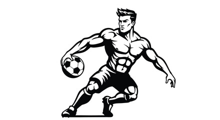 A muscular soccer player dribbles the ball with determination, isolated on white background, showcasing strength and skill in a dynamic black and white design