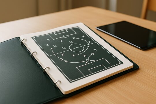Football tactics strategy playbook on wooden table with digital tablet in background under warm light in creative coaching concept setting. Ai generative