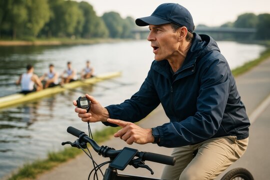 Coach timing rowing team on riverbank with stopwatch and bike during practice session in natural outdoor light background setting. Ai generative