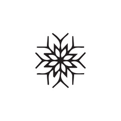Minimalist black and white line art of a geometric snowflake or stylized flower. Abstract symmetrical star icon for design elements