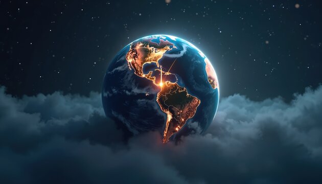 3D globe in darkness, rotation, mist, luminous clock hands at 8 30 PM symbolize Earth Hour. Urban area lights glow. Awareness for sustainability, nature harmony, responsibility consciousness event