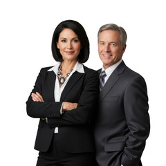Professional business couple posed confidently together isolated on transparent background