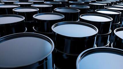 Collection of shiny black oil barrels is arranged warehouse, reflecting light their smooth surfaces. industrial setting suggests storage or transportation of crude oil, emphasizing energy