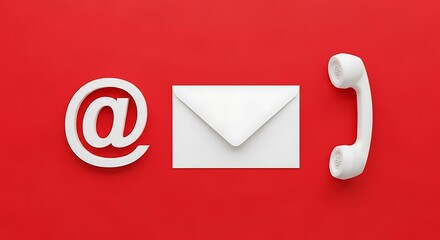 Contact information icons on a red background, including an email symbol, envelope, and telephone receiver, suggesting communication methods