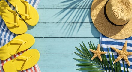 Yellow flip-flops hat starfish on blue wooden background