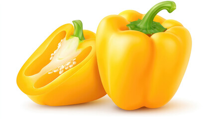 Bright yellow bell peppers, whole and sliced, are displayed with vibrant green stems, showcasing their fresh and healthy appeal