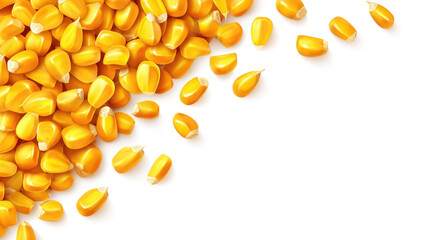 Fototapeta premium Bright yellow corn kernels scattered on white background create vibrant and fresh appearance. glossy texture and rich color of kernels evoke sense of natural abundance