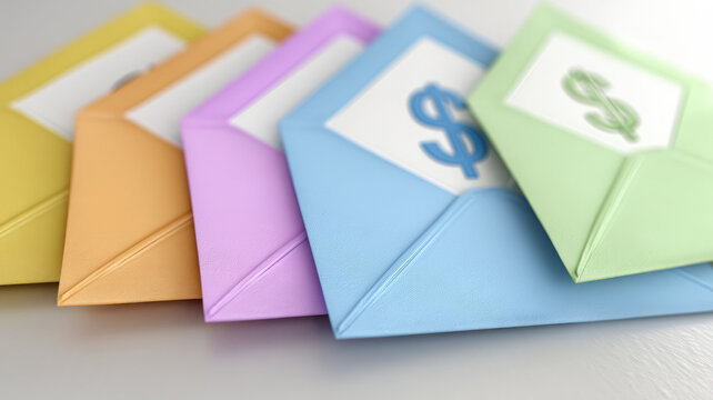 Colorful cash envelopes for budgeting, featuring various pastel shades and dollar symbols, are arranged in row on light surface, symbolizing financial planning and organization
