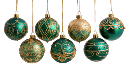 Seven gold and green Christmas decoration balls collection hanging on transparent background