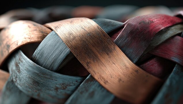 Close-up of intricately woven, metallic basketry