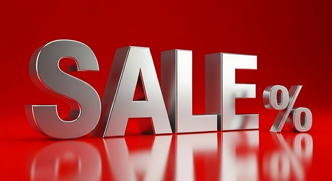 Large 3d metallic letters spelling out sale with a percentage sign on a vibrant red background, symbolizing discounts and promotions - Powered by Adobe