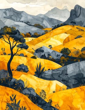 Golden hillscape with moody mountains