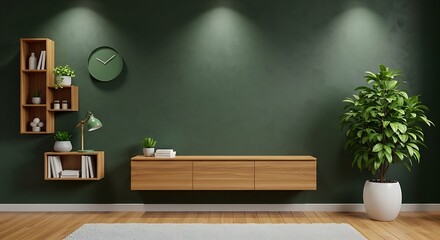Minimalist living room with a green wall, wooden cabinet, floating shelves, and a potted plant, creating a serene and modern space for relaxation and contemplation