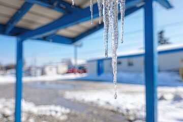 Icicles hanging from a blue metal awning over snow and a paved area