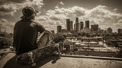 Urban Contemplation: A lone skateboarder sits atop a rooftop, gazing at a sprawling city landscape in sepia tones, capturing a moment of introspection and urban adventure.